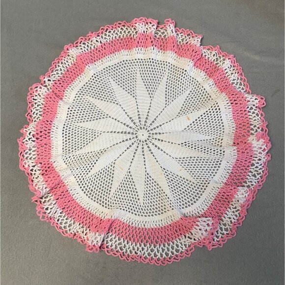 Handmade Crochet Doily with Pink & White Edging - 18 inches Diameter - Picture 6 of 6